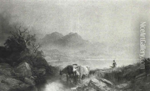 Figure And Cattle In A Landscape Oil Painting - Joseph Horlor