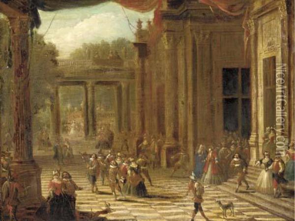 A Capriccio Of A Classical Palace Exterior With Elegant Company At A Masked Ball Oil Painting - Joseph Francis Nollekens