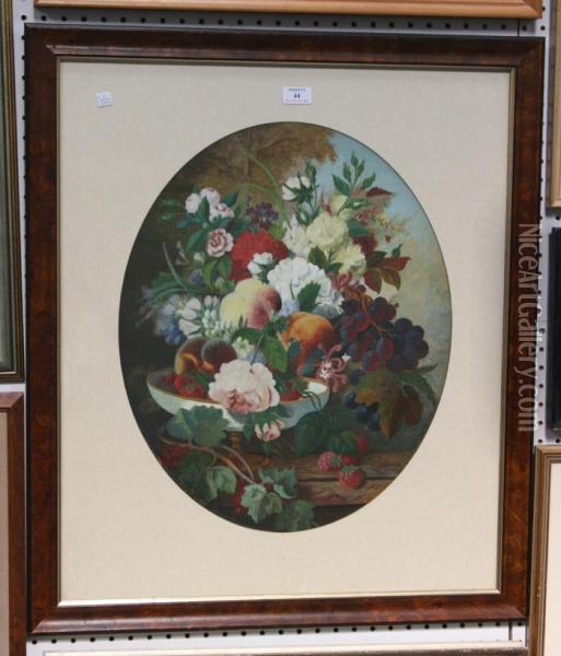 Oval Still Life Study Of Flowers And Fruit Oil Painting - Alexandre Jean Couder