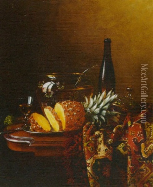 A Bowl  Of Punch, With A Pineapple And A Carpet On A Table Oil Painting - Hans Heinrich Juergen Brandes