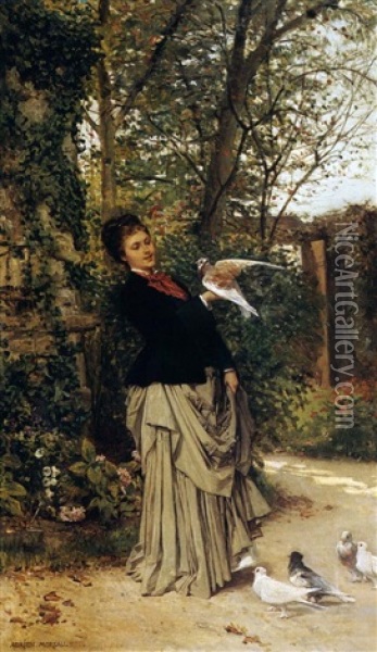 Jeune Femme Aux Pigeons Oil Painting - Adrien Moreau