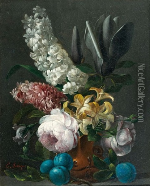 Jacinthes, Magnolias Dans Un Vase Sur Un Entablement Avec Des Prunes Oil Painting - Edouard Joseph Francois Autrique