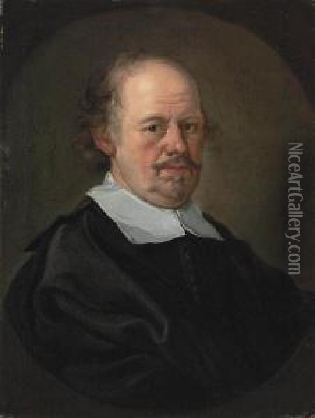 Portrait Of A Gentleman, Bust-length, In A Black Doublet And Mantle, And A Clerical Collar, Feigned Oval Oil Painting - Bartholomeus Van Der Helst