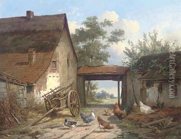 Poultry in the farmyard Oil Painting - Cornelis van Leemputten