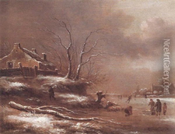 Winter Scene With Figures Beside A Frozen River Oil Painting - Nicolaes Molenaer