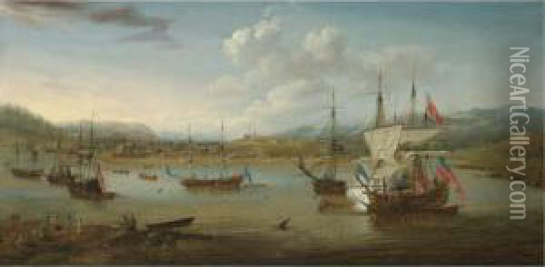 British Vessels At Anchor In 
Annapolis Royal Harbour River, Nova Scotia, With A Vice-admiral Of The 
Red Firing A Salute Oil Painting - Samuel Scott