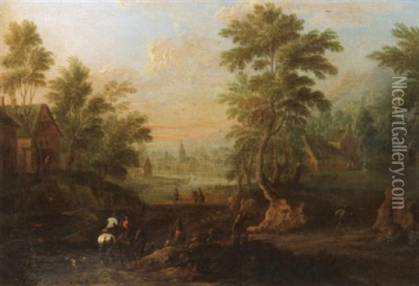Landschaft Mit Reitern Und Einer Stadt Im Hintergrund Oil Painting - Johann Friedrich Thiele