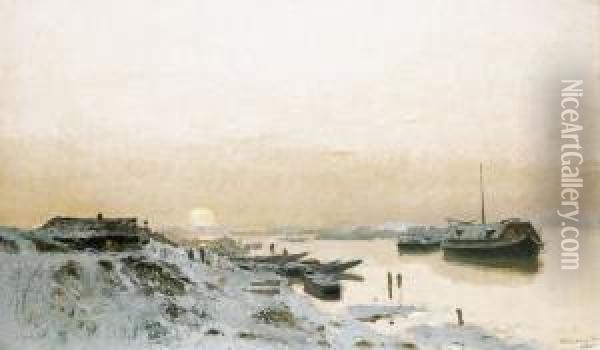 Sunrise By The Snowy Riverside Oil Painting - Laszlo Mednyanszky