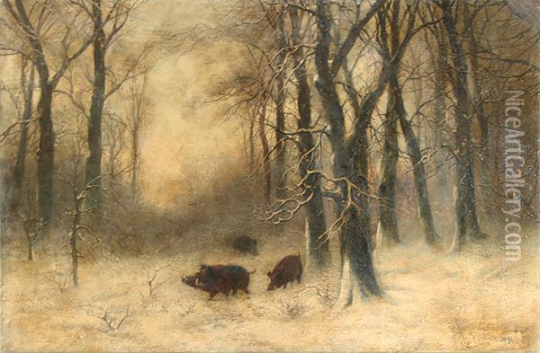 Wild Boar In Winter Oil Painting - Iulii Iul'evich (Julius) Klever