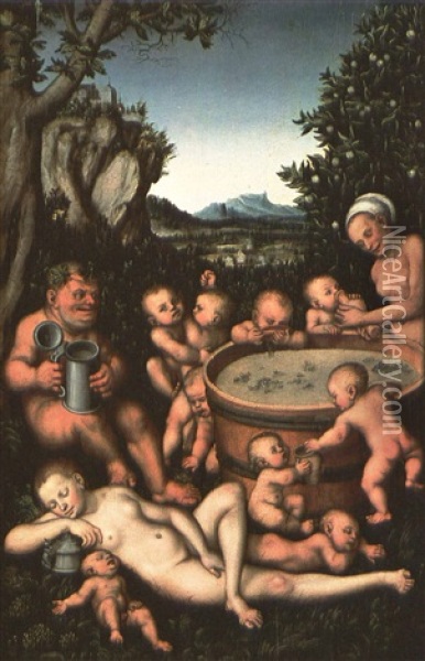 Bacchus At The Wine Tub Oil Painting - Lucas Cranach the Elder