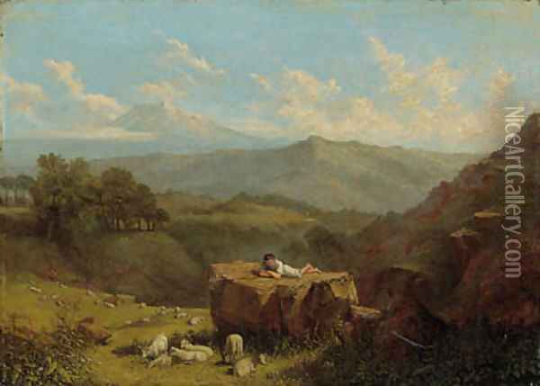 A Shepherd Boy with his Flock, in an extensive mountainous landscape Oil Painting - Francis Stevens