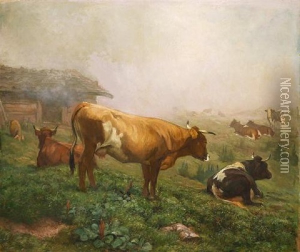 Kuhe Im Nebel Oil Painting - Johann Rudolf Koller