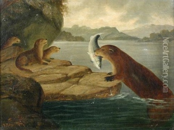 An Otter Feeding Her Cubs Oil Painting - A. Roland Knight