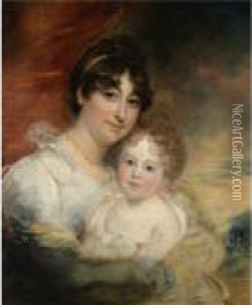 Portrait Of Mrs Goldsmith And Her Daughter Oil Painting - Sir William Beechey
