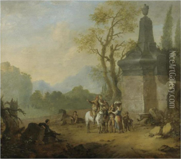 Peasants Conversing In An Italianate Landscape Oil Painting - Franz Ferg