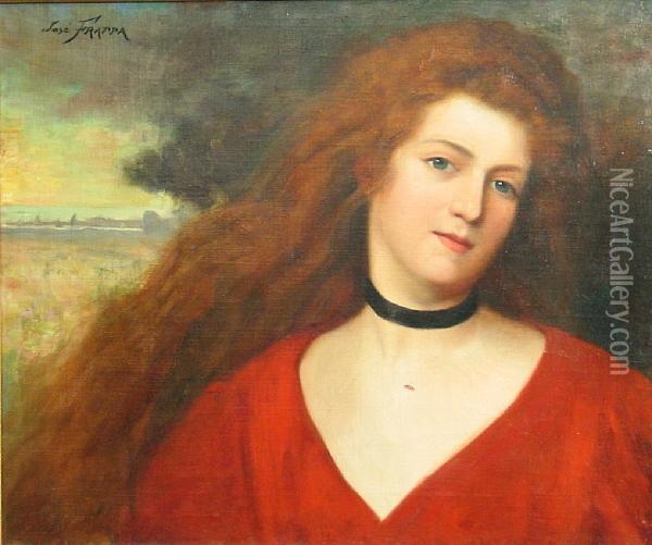 A Portrait Of A Woman In Red Oil Painting - Jose Frappa