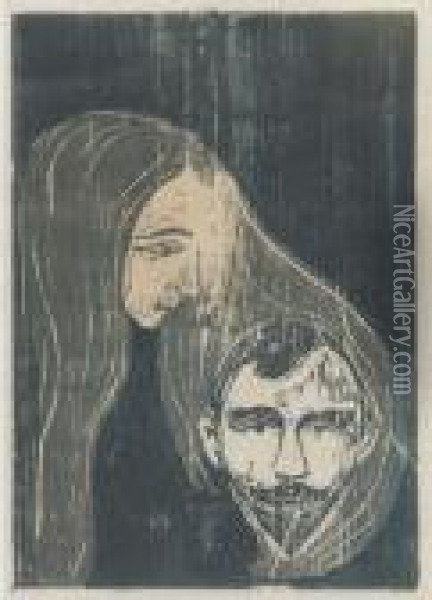 Man's Head In Woman's Hair Oil Painting - Edvard Munch