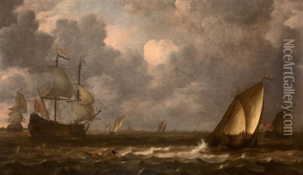 Navires Et Barque Sur Une Mer Agitee Oil Painting - Lieve Pietersz Verschuier