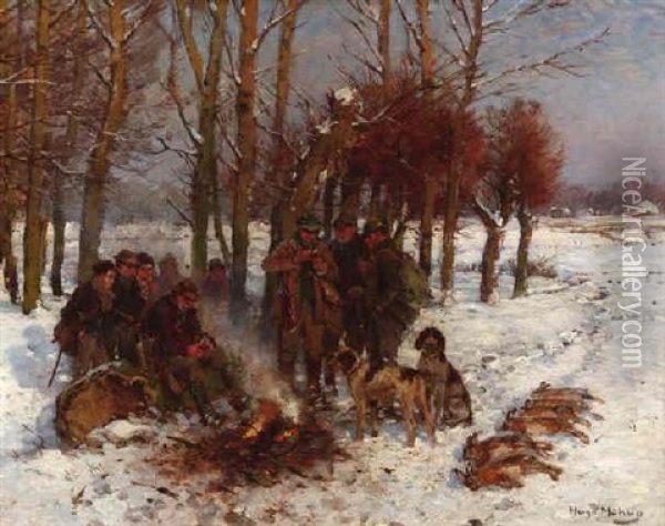 Rast Auf Der Winterlichen Treibjagd Oil Painting - Hugo Muehlig