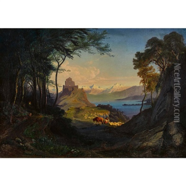 Burgruine Mit See Und Alpenkulisse Oil Painting - Jost Joseph Niklaus Schiffmann