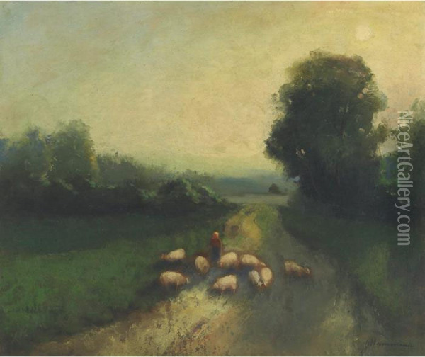 Sheep On A Country Road, Landscape, France Oil Painting - John A. Hammond