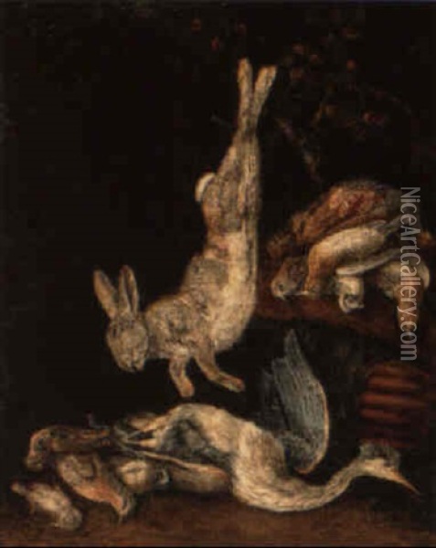 A Cat By A Dead Hare, A Duck And Other Dead Birds On A Bank Oil Painting - Jan Fyt