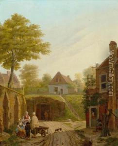 Village With Figures Oil Painting - Jan Hendrik Verheijen