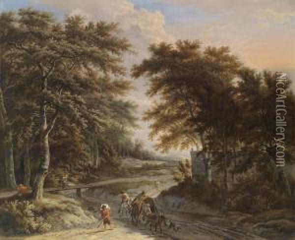 Peasants And Travellers Near The Edge Of A Forest Oil Painting - Adriaen Hendricksz. Verboom