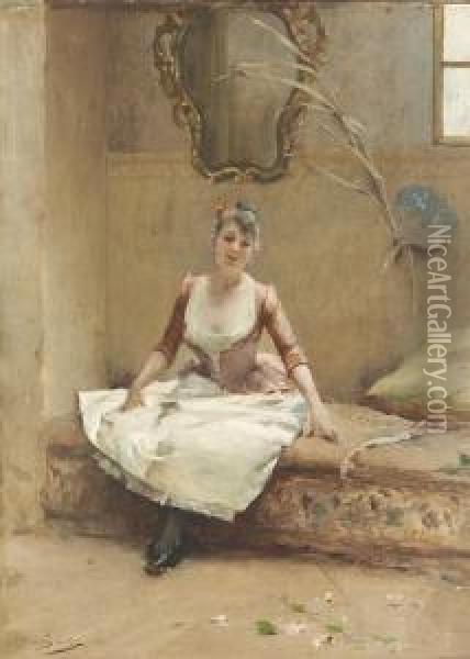 Junge Frau In Einem Rosa-weissen Kleid. Oil Painting - Auguste Emile Pinchart