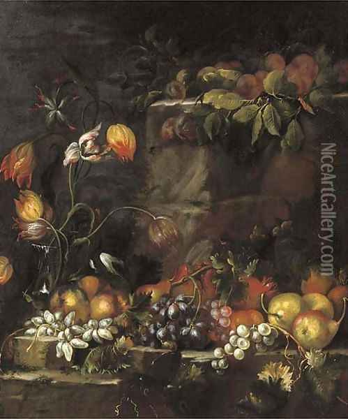 A glass vase with tulips, and apples, grapes, pears and other fruit on a stone ledge Oil Painting - Giovanni di Paolo