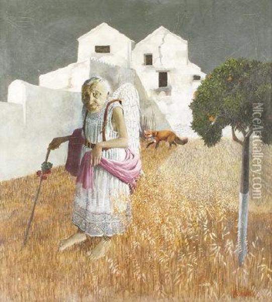 Portrait Of An Old Lady With Wings In A Hot Landscape Oil Painting - H. Hughes