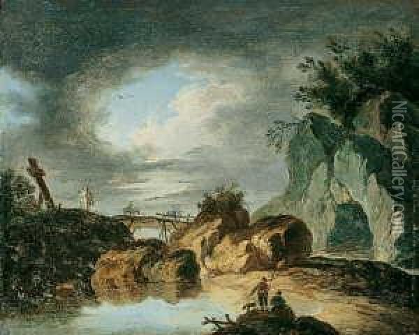 Zwei Gebirgige Flusslandschaften. Oil Painting - Louis-Philippe Crepin
