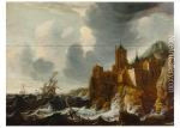 Schiffbruch Vor Bizarrer Felskuste Mit Machtvoller Oil Painting - Bonaventura, the Elder Peeters