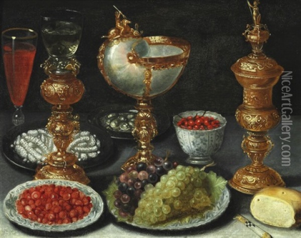 A Lavish Still Life With Fruits On Plates, Gilt Goblet, Nautilus Cup And A Glass Of Wine Oil Painting - Osias Beert the Elder