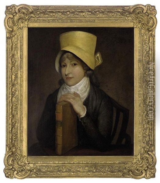 Portrait Of A Lady, Seated In A Grey Dress And Yellow Hat, Her Hands Resting On A Book Oil Painting - Jacques-Laurent Agasse
