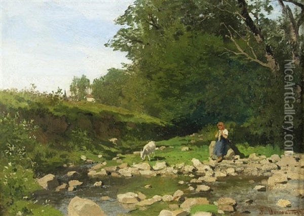 Young Shepherdess At The Creek Oil Painting - Hugo Darnaut