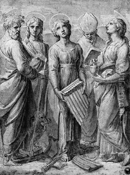 Saint Cecilia with Saints Paul, John the Evangelist, Mary Magdalen and a Bishop Saint Oil Painting - Giovanni Francesco Penni