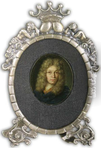 A Portrait Of A Gentleman, Bust 
Length, Wearing An Orange Coat With A Blue Velvet Cloak, A White Chemise
 And A Wig Oil Painting - Willem van Mieris