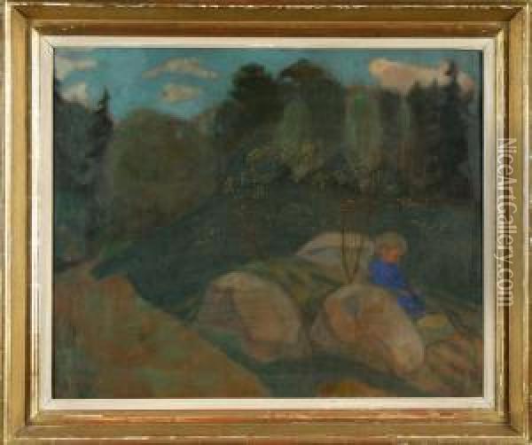 Pojke I Landskap Oil Painting - Curt Clemens
