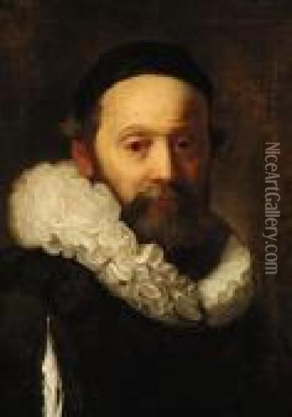 Portrait Of A Rabbi, Bust-length, In A Black Cap And Ruff Oil Painting - Rembrandt Van Rijn