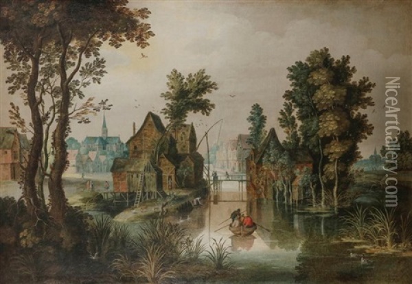 Village En Bordure De Riviere Anime De Personnages Oil Painting - Jan Brueghel the Elder