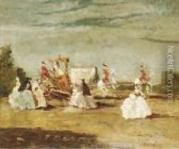 Elegant Ladies In Front Of A Stagecoach Oil Painting - Emma Ciardi