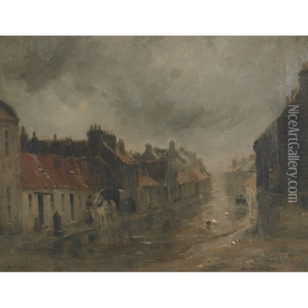 Coaching, Grey Day In The Village Oil Painting - William Marshall Brown