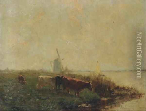 Cows in a polder landscape Oil Painting - Dutch School