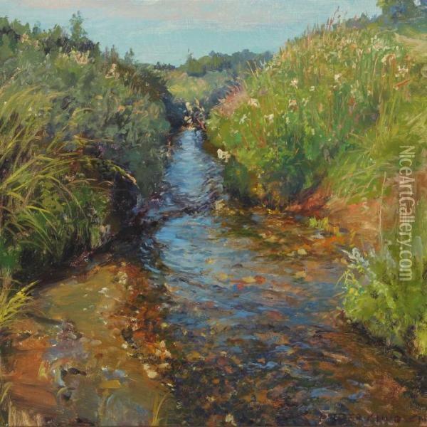 Spring Day At A Serpentine Stream Oil Painting - Peder Knudsen