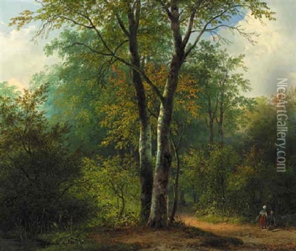 Woodgatherers On A Forest Path In Summer Oil Painting - Andreas Schelfhout