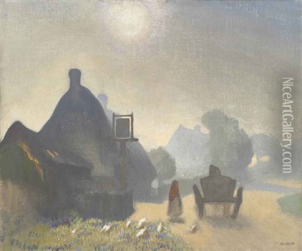 Village Inn, Misty Morning Oil Painting - Sir George Clausen