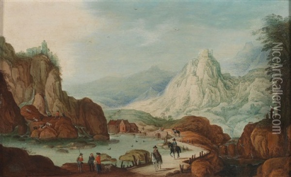 A Mountainous River Landscape With Horsemen Oil Painting - Tobias Verhaecht