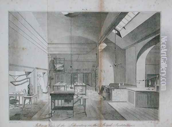 Interior of the Royal Institutions basement laboratory, from Manual of Chemistry, by W.T. Brande, engraved by James Basire, 1819 Oil Painting - William Tite