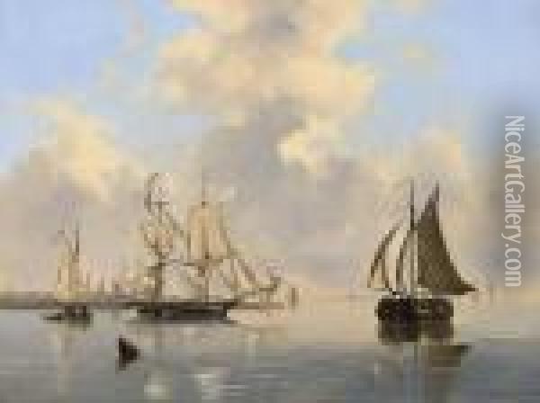 Sailing Vessels Near A Town Oil Painting - Govert Van Emmerik